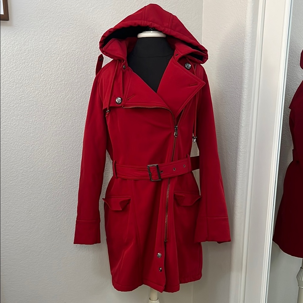 Nanette Lepore Bright Red Hooded Belted Trench Coat